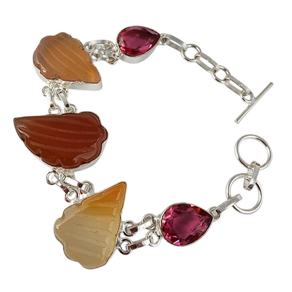 Carved carnelian gemstone bracelet chunky 925 sterling silver overlay pink glass